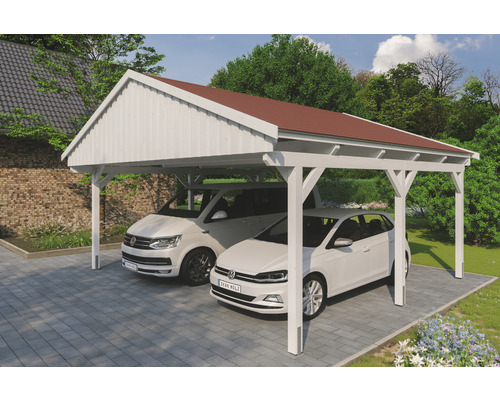 Carport double SKAN Holz Fichtelberg avec bardeaux rouge 618 x 566 cm blanc