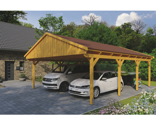 Carport double SKAN Holz Fichtelberg avec bardeaux rouge 618 x 808 cm chêne clair Carport double SKAN Holz Fichtelberg avec bardeaux rouge 618 x 808 cm chêne clair
