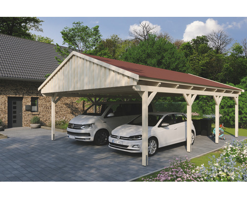 Carport double SKAN Holz Fichtelberg avec bardeaux rouge 618 x 808 cm nature Double carport en bois avec deux voitures garées