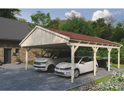 Carport double SKAN Holz Fichtelberg avec bardeaux rouge 618 x 808 cm nature