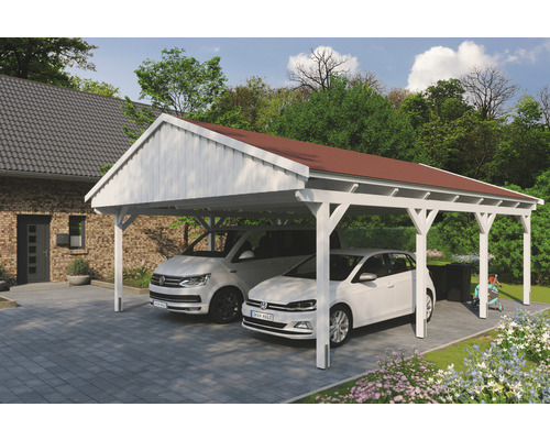 Doppelcarport SKAN Holz Fichtelberg inkl. Dachschindeln rot 618 x 808 cm weiss Doppelcarport aus Holz mit zwei Fahrzeugen