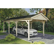 Carport en bois avec voiture garée sur une surface pavée