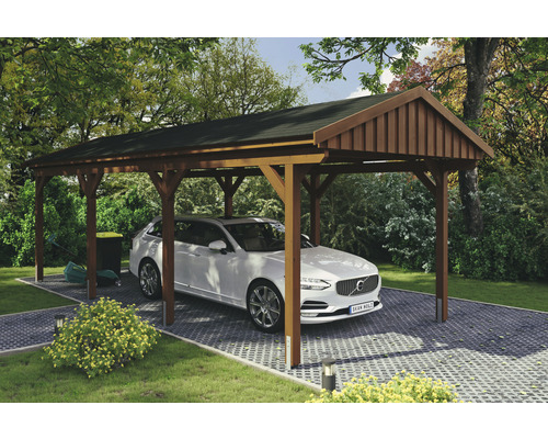 Einzelcarport SKAN Holz Fichtelberg inkl. Dachschindeln schwarz 317 x 808 cm Nussbaum