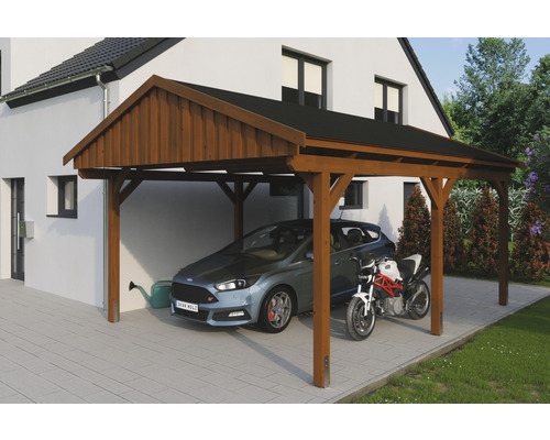 Carport simple SKAN Holz Fichtelberg avec bardeaux noir 423 x 566 cm noyer