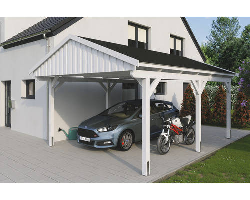 Einzelcarport SKAN Holz Fichtelberg inkl. Dachschindeln schwarz 423 x 566 cm weiss