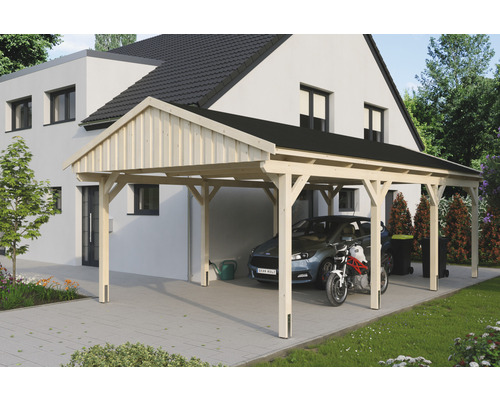 Carport simple SKAN Holz Fichtelberg avec bardeaux noir 423 x 808 cm nature