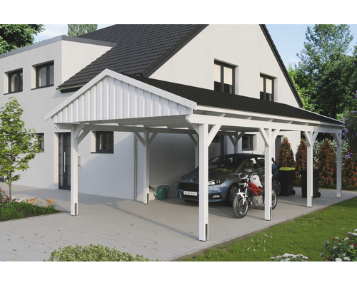 Carport simple SKAN Holz Fichtelberg avec bardeaux noir 423 x 808 cm blanc