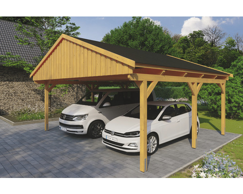 Carport double SKAN Holz Fichtelberg avec bardeaux noir 618 x 566 cm chêne clair