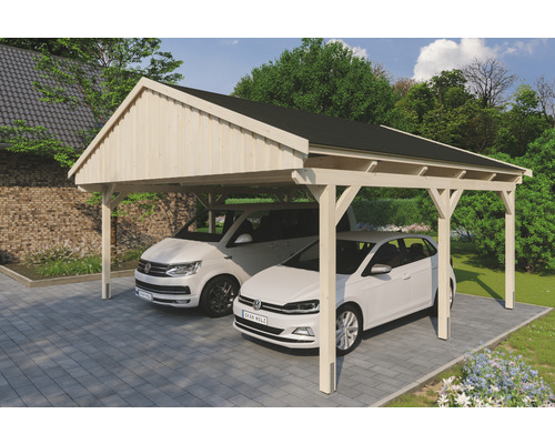 Carport double SKAN Holz Fichtelberg avec bardeaux noir 618 x 566 cm nature