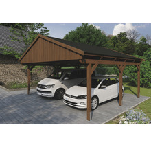 Double abri de voiture en bois avec deux voitures garées