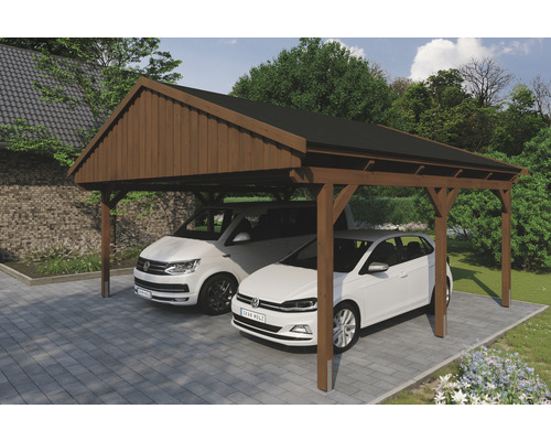 Doppelcarport SKAN Holz Fichtelberg inkl. Dachschindeln schwarz 618 x 566 cm Nussbaum