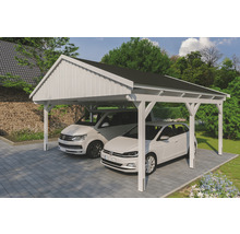 Double carport en bois avec deux voitures garées