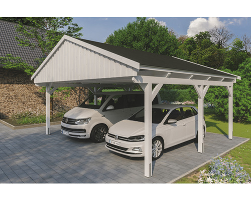 Doppelcarport SKAN Holz Fichtelberg inkl. Dachschindeln schwarz 618 x 566 cm weiss