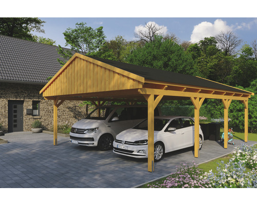 Carport double SKAN Holz Fichtelberg avec bardeaux noir 618 x 808 cm chêne clair Carport double SKAN Holz Fichtelberg avec bardeaux noir 618 x 808 cm chêne clair