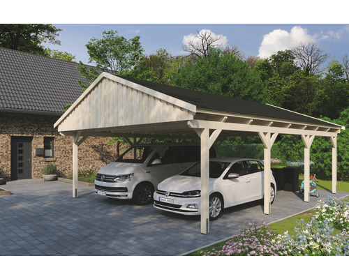 Carport double SKAN Holz Fichtelberg avec bardeaux noir 618 x 808 cm nature