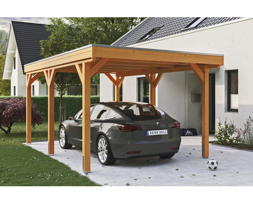 Einzelcarport SKAN Holz Grunewald inkl. EPDM Folie 321 x 554 cm Eiche hell Modernes Holz Carport mit Auto auf einer Einfahrt