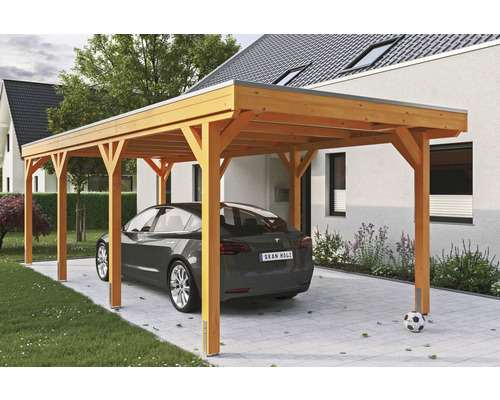 Einzelcarport SKAN Holz Grunewald inkl. EPDM Folie 321 x 796 cm Eiche hell Holz Carport mit Auto auf gepflastertem Untergrund