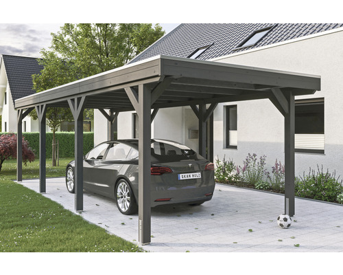 Einzelcarport SKAN Holz Grunewald inkl. EPDM Folie 321 x 796 cm Schiefer Holz Carport mit Auto auf gepflastertem Weg vor dem Haus
