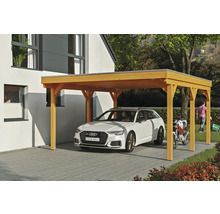 Carport en bois avec voiture et moto