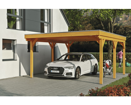 Carport simple SKAN Holz Grunewald avec film EPDM 427 x 554 cm chêne clair Carport en bois avec voiture et moto