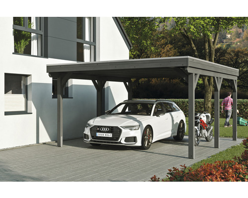 Einzelcarport SKAN Holz Grunewald inkl. EPDM Folie 427 x 554 cm Schiefer Carport aus Holz mit Auto und Motorrad