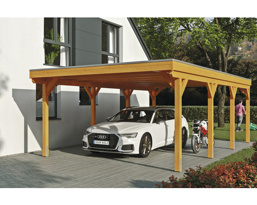 Carport simple SKAN Holz Grunewald avec film EPDM 427 x 796 cm chêne clair Abri de voiture en bois avec voiture et moto