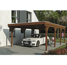 Carport en bois avec voiture et moto