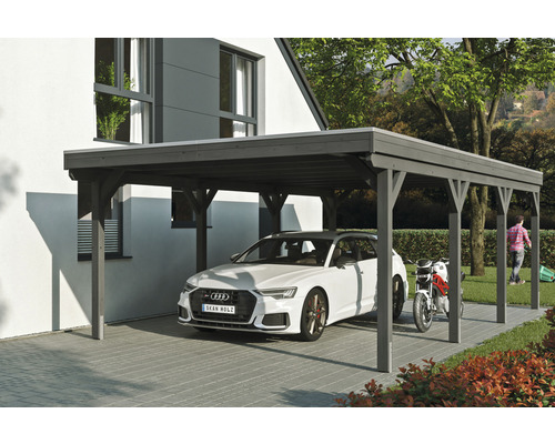 Einzelcarport SKAN Holz Grunewald inkl. EPDM Folie 427 x 796 cm Schiefer Holz Carport mit Auto und Motorrad