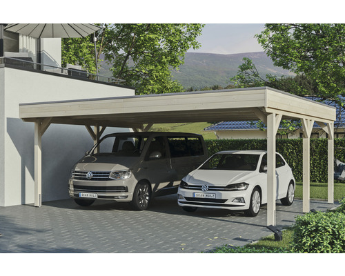 Carport double SKAN Holz Grunewald avec film EPDM 622 x 554 cm nature
