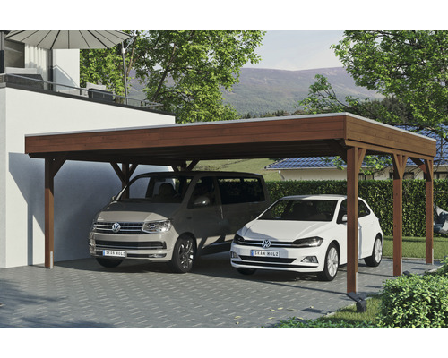 Carport double SKAN Holz Grunewald avec film EPDM 622 x 554 cm noyer