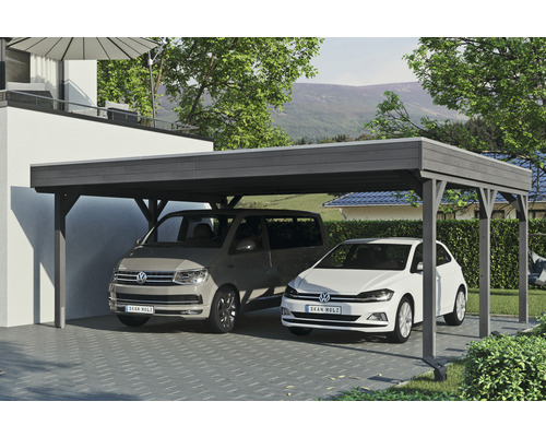 Doppelcarport SKAN Holz Grunewald inkl. EPDM Folie 622 x 554 cm Schiefer Doppelcarport aus Holz mit zwei parkenden Autos