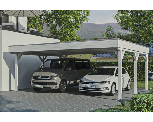 Carport double SKAN Holz Grunewald avec film EPDM 622 x 554 cm blanc