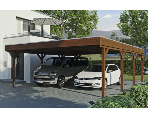 Doppelcarport SKAN Holz Grunewald inkl. EPDM Folie 622 x 796 cm Nussbaum Carport aus Holz mit zwei parkenden Autos