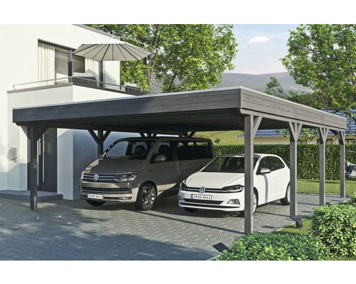 Doppelcarport SKAN Holz Grunewald inkl. EPDM Folie 622 x 796 cm Schiefer Carport aus Holz mit zwei parkenden Autos