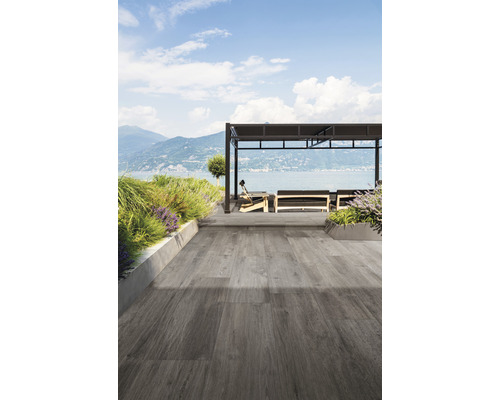 Dalle de terrasse en grès cérame fin FLAIRSTONE Legno Sentimento Grigio bords rectifiés 120x40x2 cm