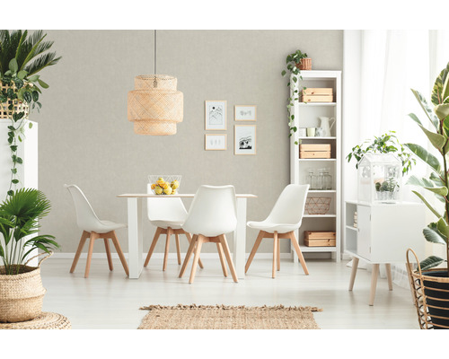 Helles Esszimmer mit Esstisch, Stühlen, Regal und Pflanzen für eine freundliche Atmosphäre.