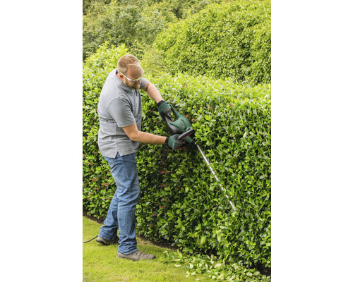 Une personne taille une haie avec un taille-haie dans le jardin.