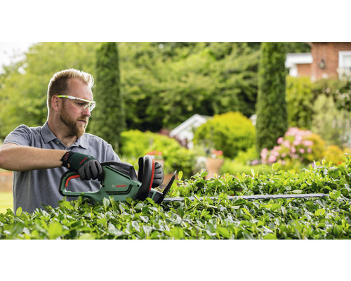 Un homme taille une haie avec un taille-haie Bosch