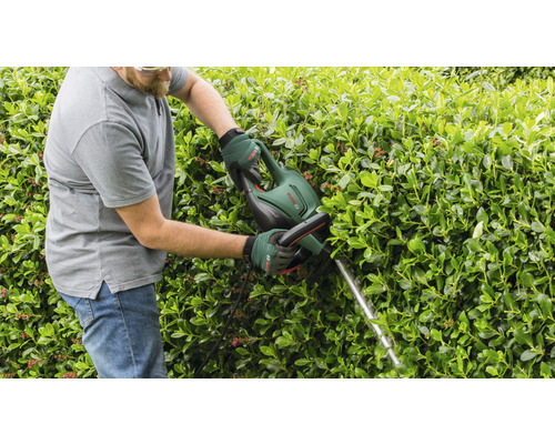 Eine Person schneidet eine Hecke mit einer Heckenschere.