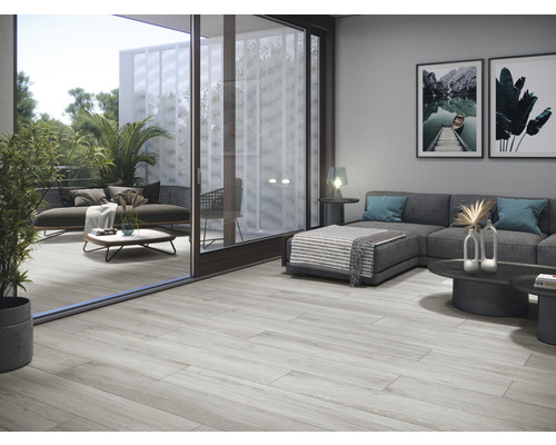 Salon et terrasse avec carrelage imitation bois, canapé, table et décoration