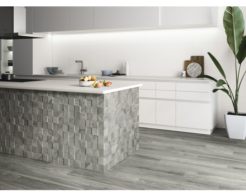 Cuisine claire avec îlot de cuisine, carrelage au sol et plante d''intérieur