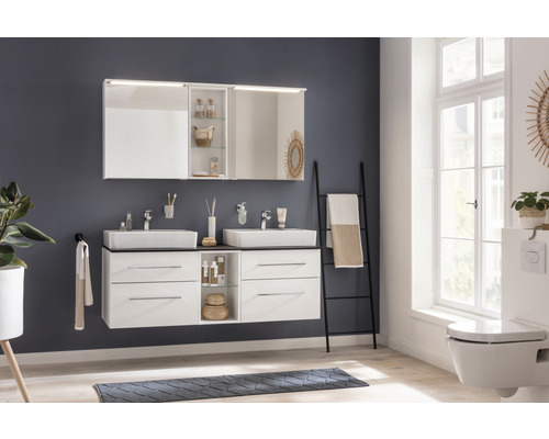 Salle de bains moderne avec double vasque, armoire de toilette et WC.