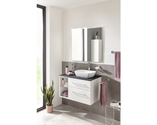 Salle de bains moderne avec meuble sous-lavabo, vasque à poser et armoire de toilette pour une ambiance élégante.