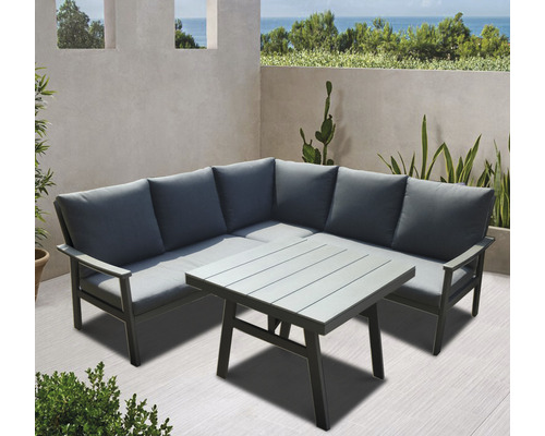 Gartenlounge-Set mit Ecksofa und Tisch auf einer Terrasse.