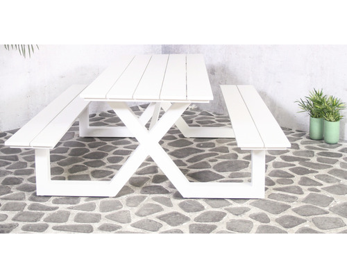 Weisse Picknicktischgarnitur aus Holz für den Aussenbereich