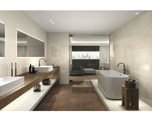 Salle de bain lumineuse avec lavabos, baignoire et carrelage