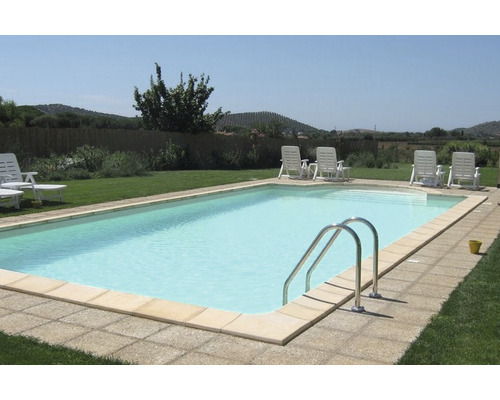 Piscine avec échelle et chaises longues dans le jardin