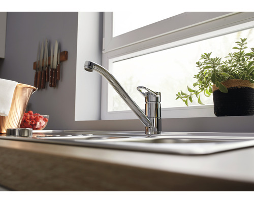 Scène de cuisine avec robinet d''évier, évier et décoration