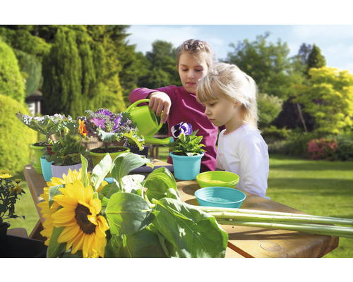 Deux filles arrosent des fleurs en pot sur une table de jardin avec un arrosoir.