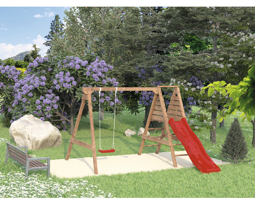 Balançoire en bois avec toboggan dans le jardin